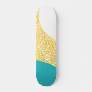 Simple Waves - Floral Pattern Turquoise and Yellow Skateboard