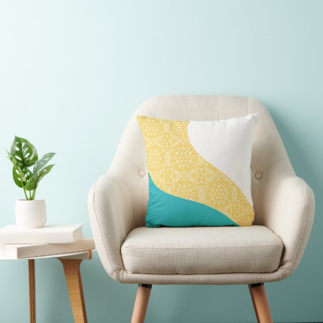 Simple Waves - Floral Pattern Turquoise and Yellow Throw Pillow (Chair)