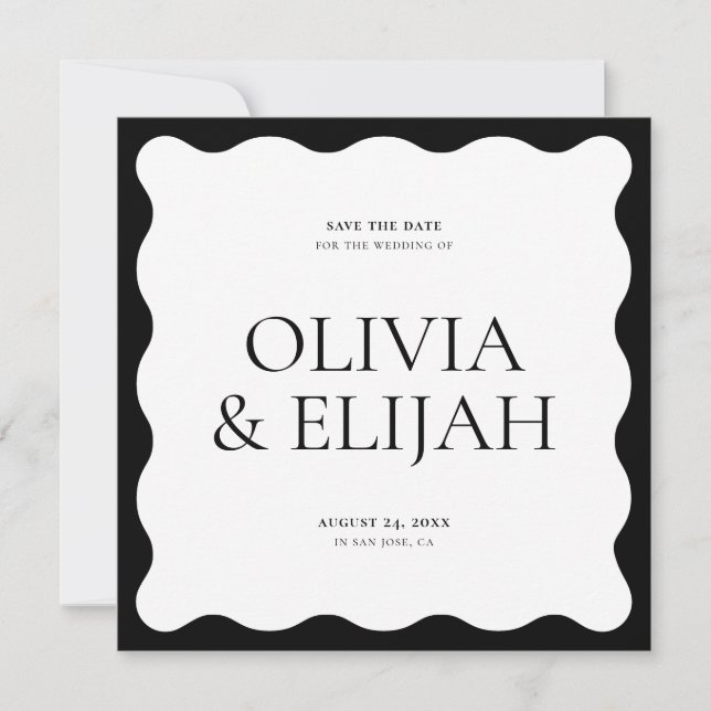 Simple Wavy Black and White Modern Save the Date Invitation (Front)