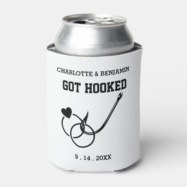 Simple We Got Hooked Wedding Can Cooler (Can Front)