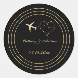 Simple Wedding Black Gold Travel Classic Round Sticker