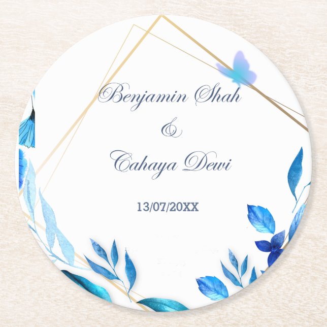 simple wedding costar with blue petal and white round paper coaster (Front)