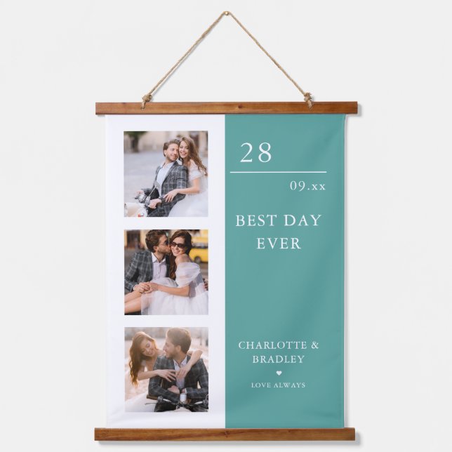 Simple Wedding Couple 3 Photo Picture Hanging Tapestry (Front)