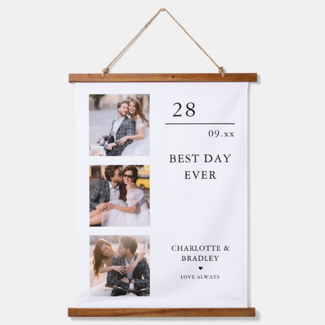 Simple Wedding Couple 3 Photo Picture Hanging Tapestry (Front)