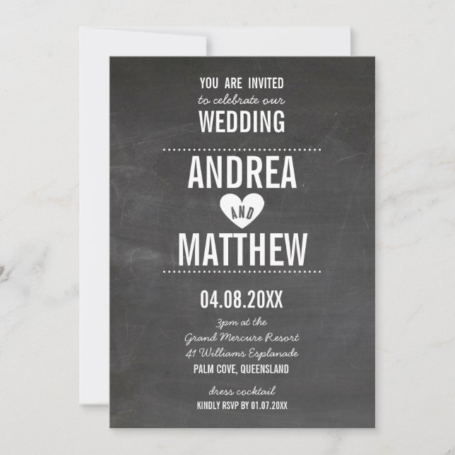 SIMPLE WEDDING cute plain type heart chalkboard Invitation (Front)