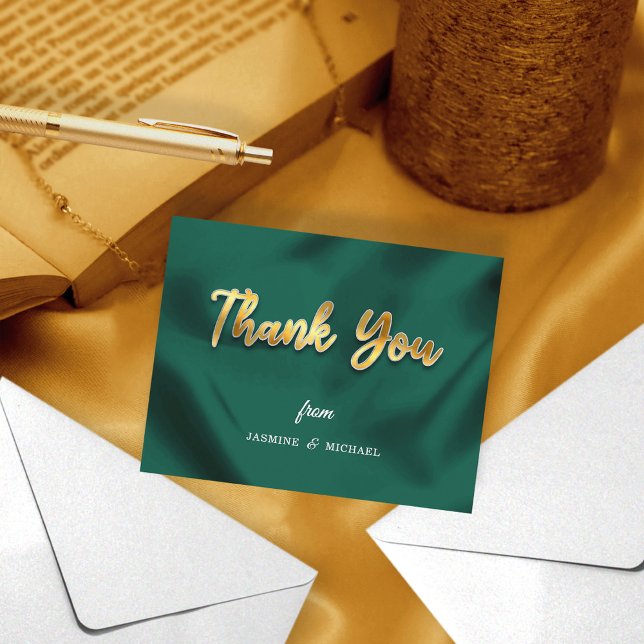 Simple Wedding Emerald Green & Gold Script Classic Thank You Card (Creator Uploaded)
