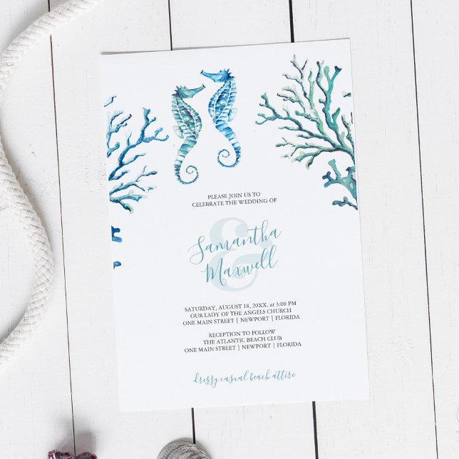 Simple Wedding Invitation Seahorse (Beach wedding invitation unique seahorse watercolor art by Victoria Grigaliunas)
