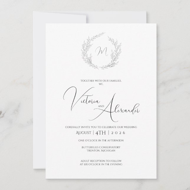Simple wedding invitation with laurel monogram (Front)