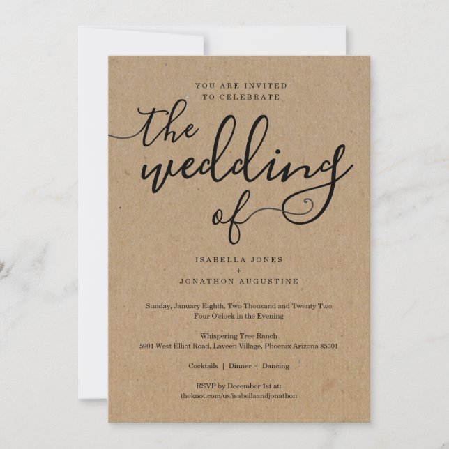 Simple Wedding Invitation with RSVP on Kraft Paper (Front)
