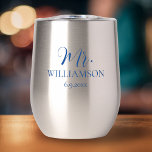 Simple Wedding Mr. Mrs. Names Date Custom<br><div class="desc">Beautiful wine or coffee tumbler for the wedding couple to commemorate their special day. Design features Mr. on the front (but easily change to Mrs. Personalize by adding names and date. Easily change the font colours too. Makes a perfect wedding or anniversary gift.</div>