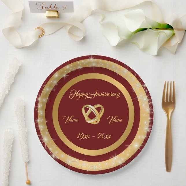 Simple Wedding Rings Customize Gold Anniversary Paper Plate (Wedding)