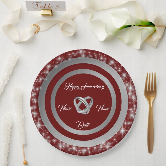 Simple Wedding Rings Customize Silver Anniversary Paper Plate (Wedding)