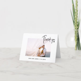 Simple Wedding Script Photo Heart Elegant Modern Thank You Card