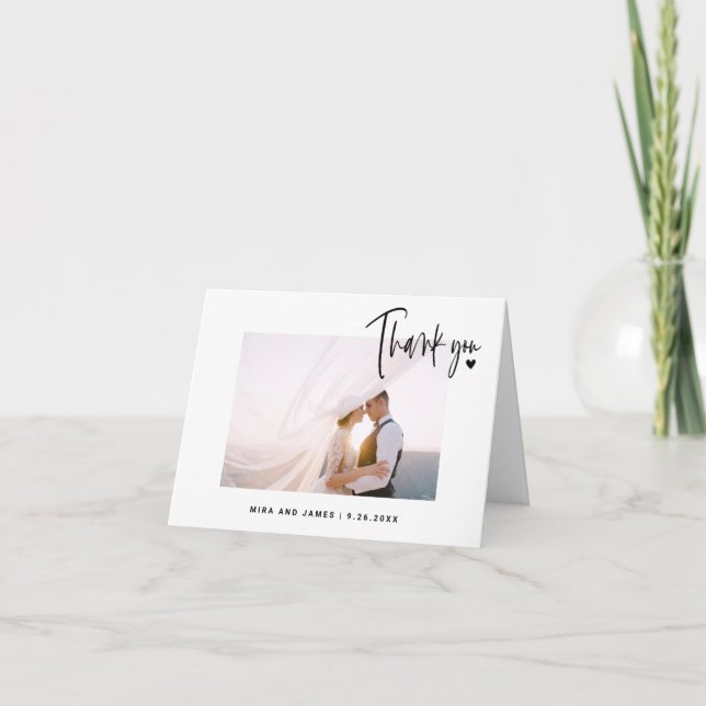 Simple Wedding Script Photo Heart Elegant Modern Thank You Card (Front)