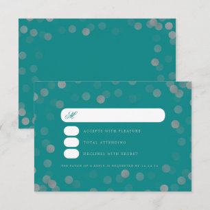 Simple Wedding Silver Confetti RSVP Teal  Card