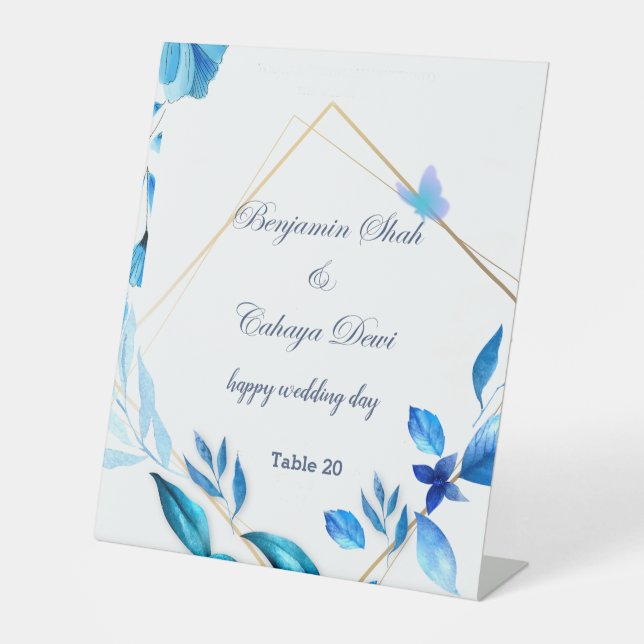 simple wedding table pedestal sign blue and white (Front)