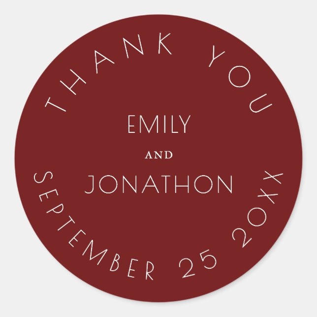 Simple Wedding Thank You Names Date Burgundy Classic Round Sticker (Front)