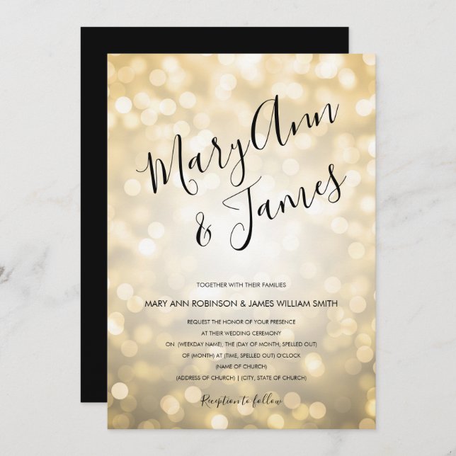 Simple Wedding Typography Gold Champagne Lights Invitation (Front/Back)