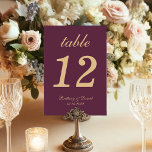Simple Wedding Wine Colour Gold Script Calligraphy Table Number<br><div class="desc">A simple wedding table number. It is just golden text on a wine coloured background. Everything except the number itself is written in an elegant calligraphic script.</div>
