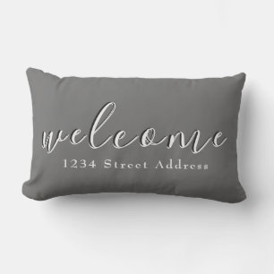 Simple Welcome & Address   Script   Grey Lumbar Pillow