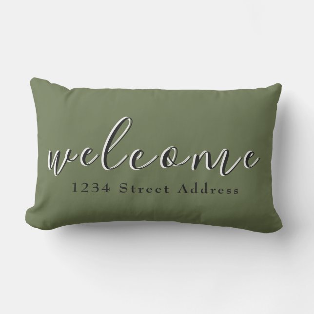 Simple Welcome & Address | Script | Olive Green Lumbar Pillow (Front)