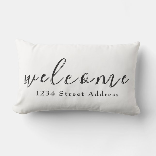Simple Welcome & Address | Script | White Lumbar Pillow (Front)