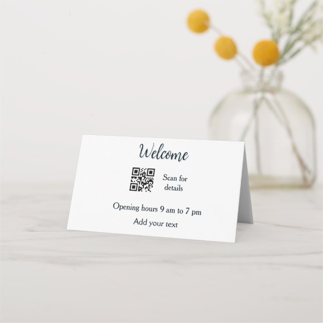 Simple welcome opening welcome barcode QR add name Place Card (Front)