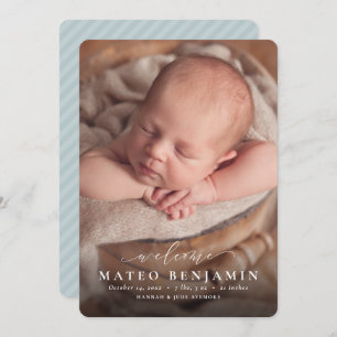 Simple welcome script blue photo birth announcement