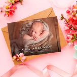 Simple welcome script photo birth announcement<br><div class="desc">Introduce your new baby with this sweet and simple classic photo birth announcement. The welcome is an elegant and modern script and there's room for a large name, stats and parents names too. The back is a modern blush pink dotted with white. Perfect for sharing newborn photos with friends and...</div>