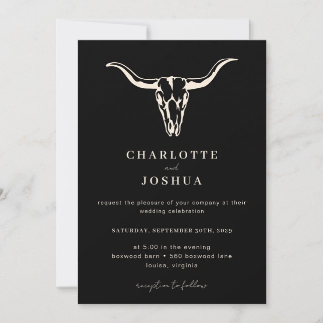 Simple Western Bohemian Cow Skull Photo Wedding  Invitation (Front)