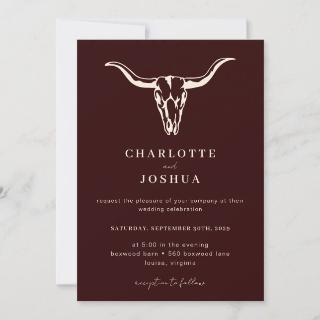 Simple Western Bohemian Cow Skull Photo Wedding  Invitation (Front)