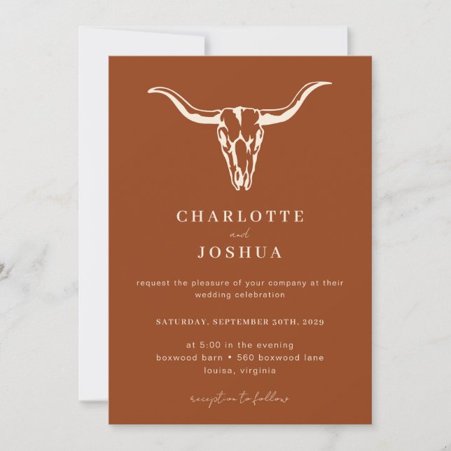 Simple Western Bohemian Cow Skull QR Code Wedding  Invitation (Front)