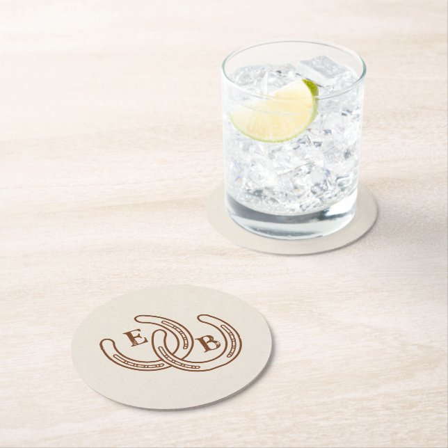 Simple Western Horseshoe Monogram Initials Wedding Round Paper Coaster (Insitu)