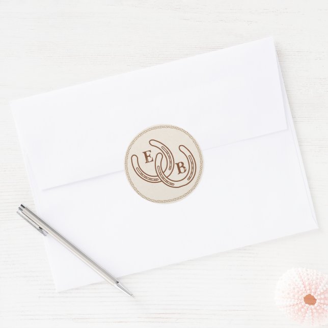 Simple Western Horseshoe Wedding Monogram Classic Round Sticker (Envelope)