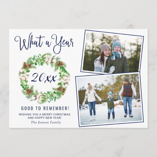 Simple What a Year  Christmas Greeting 2 PHOTO Holiday Card (Front)