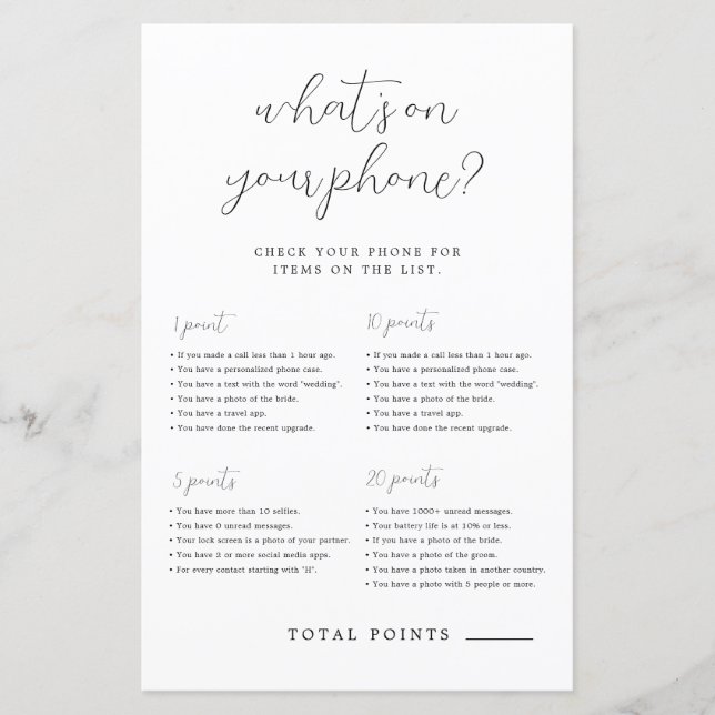 Simple What's On Your Phone Bridal Shower Game (Front)