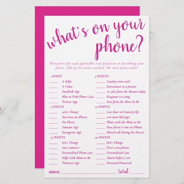 Simple Whats on Your Phone | Hot Pink Game Card (Front/Back)