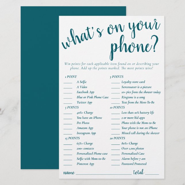 Simple Whats on Your Phone | Teal Aqua Game Card (Front/Back)