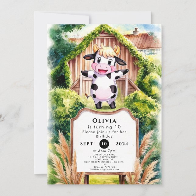 Simple Whimsical Cow Birthday Invitation (Front)