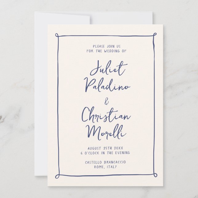 Simple Whimsical Doodle Frame Handwritten Wedding Invitation (Front)