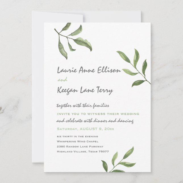Simple Whimsical Green Watercolor Branches Wedding Invitation (Front)