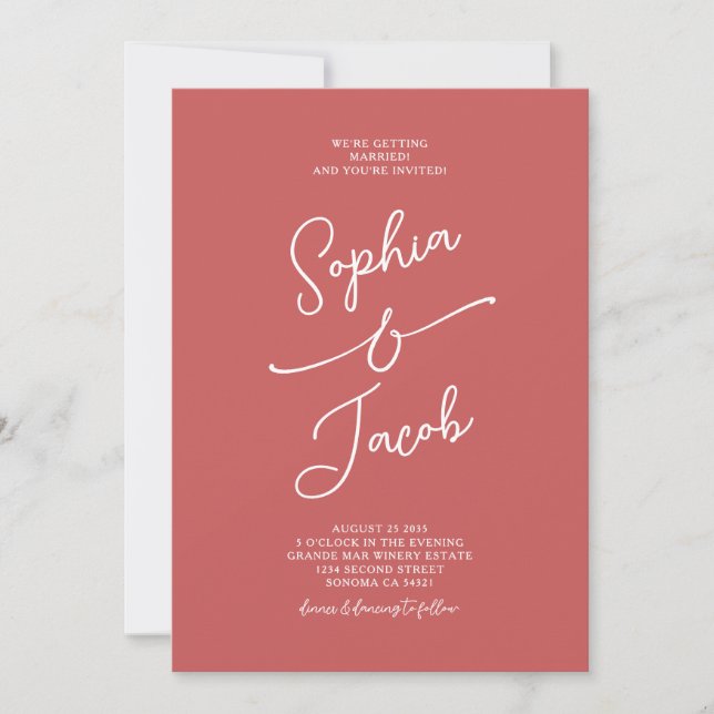 Simple Whimsical Handwritten Wedding Photo Red Invitation (Front)