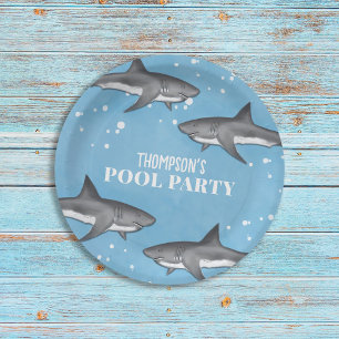 Simple Whimsical Pool Party Sharks Blue Ocean  Paper Plate