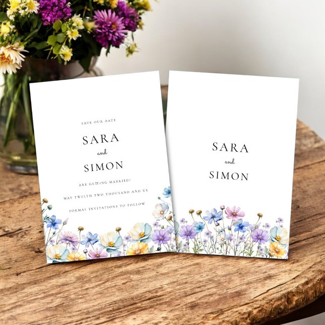 Simple Whimsical Wildflower wedding save the date Invitation (whimsical bohemian wedding save the date card with beautiful wildflowers )