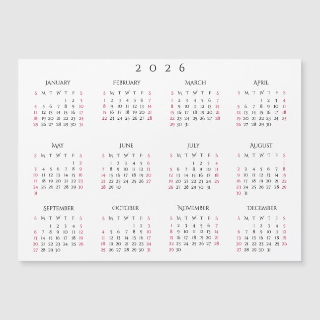 Simple White 2026 Yearly Full Year Calendar Magnet (Front)