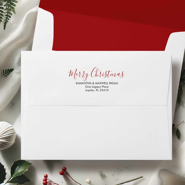 Simple White and Berry Red 5x7 Return Address Envelope (Christmas return address envelopes red interior)
