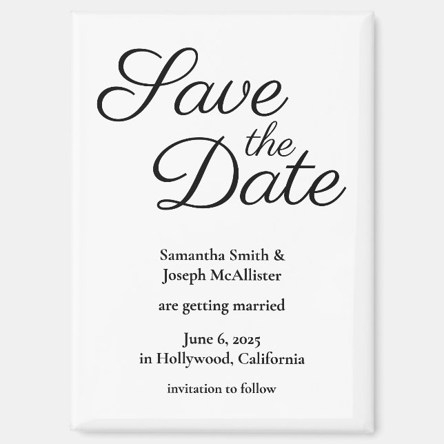 Simple White and Black Save the Date Magnet (Front)
