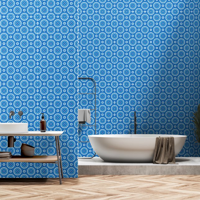 Simple White and Blue Mediterranean Style Pattern Wallpaper (Bathroom)