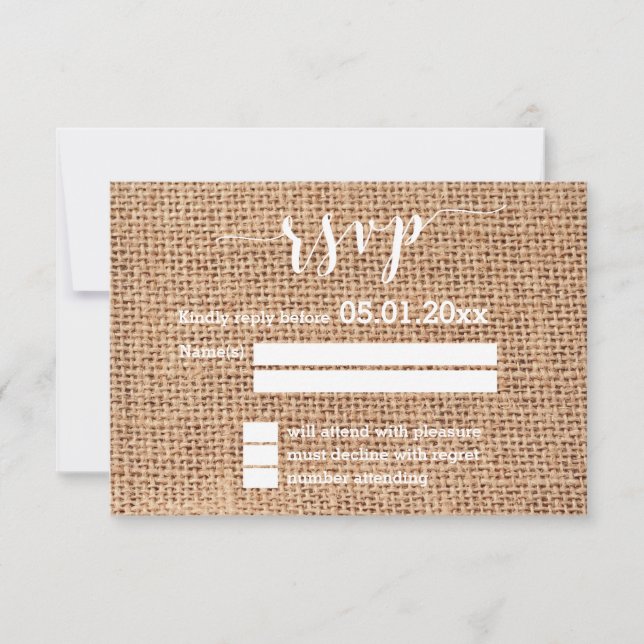 Simple White And Burlap Wedding RSVP Cards (Front)