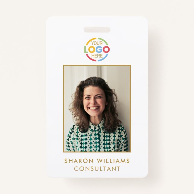 Simple White and Gold Minimalist Employee Photo ID Badge (Front)